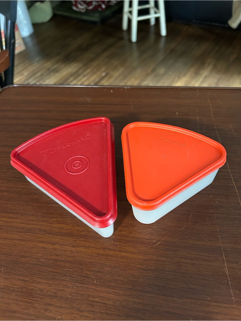 Vintage Tupperware Triangular Snack Containers with Red and Orange Lids,